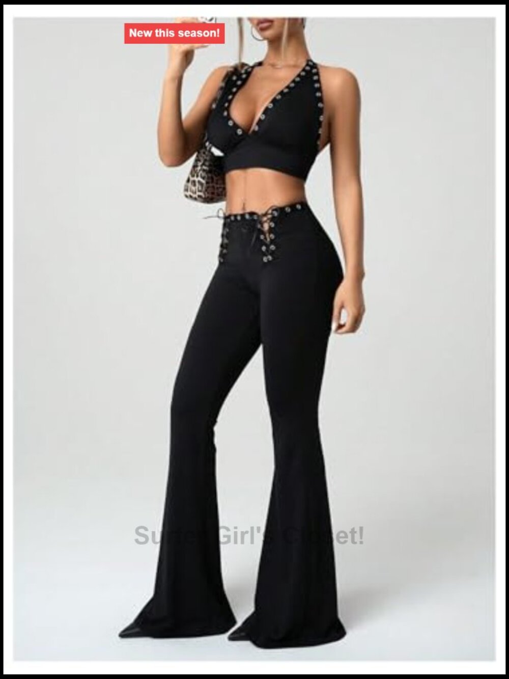 Y2K Backless Halter Top & Low Waisted Bootcut Pants Set Two Piece Rave Festival - Picture 2 of 4